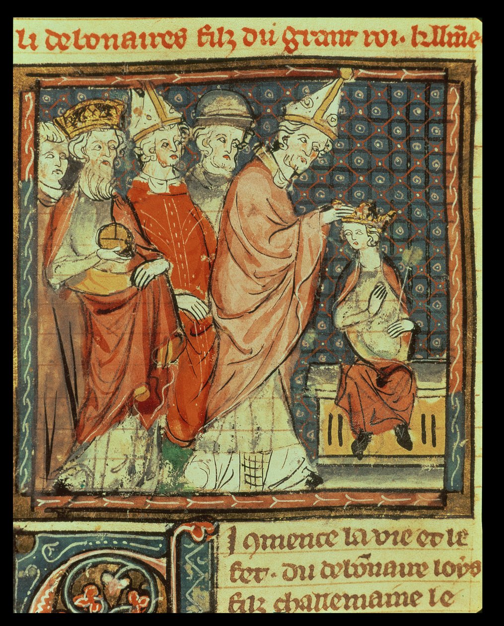 Die Krönung von Ludwig I. dem Frommen (778-840), Heiliger Römischer Kaiser, durch Papst Stephan IV. (Papst 816-817) in Reims im Jahr 816, aus den Grandes Chroniques de France, 1375-79 von French School
