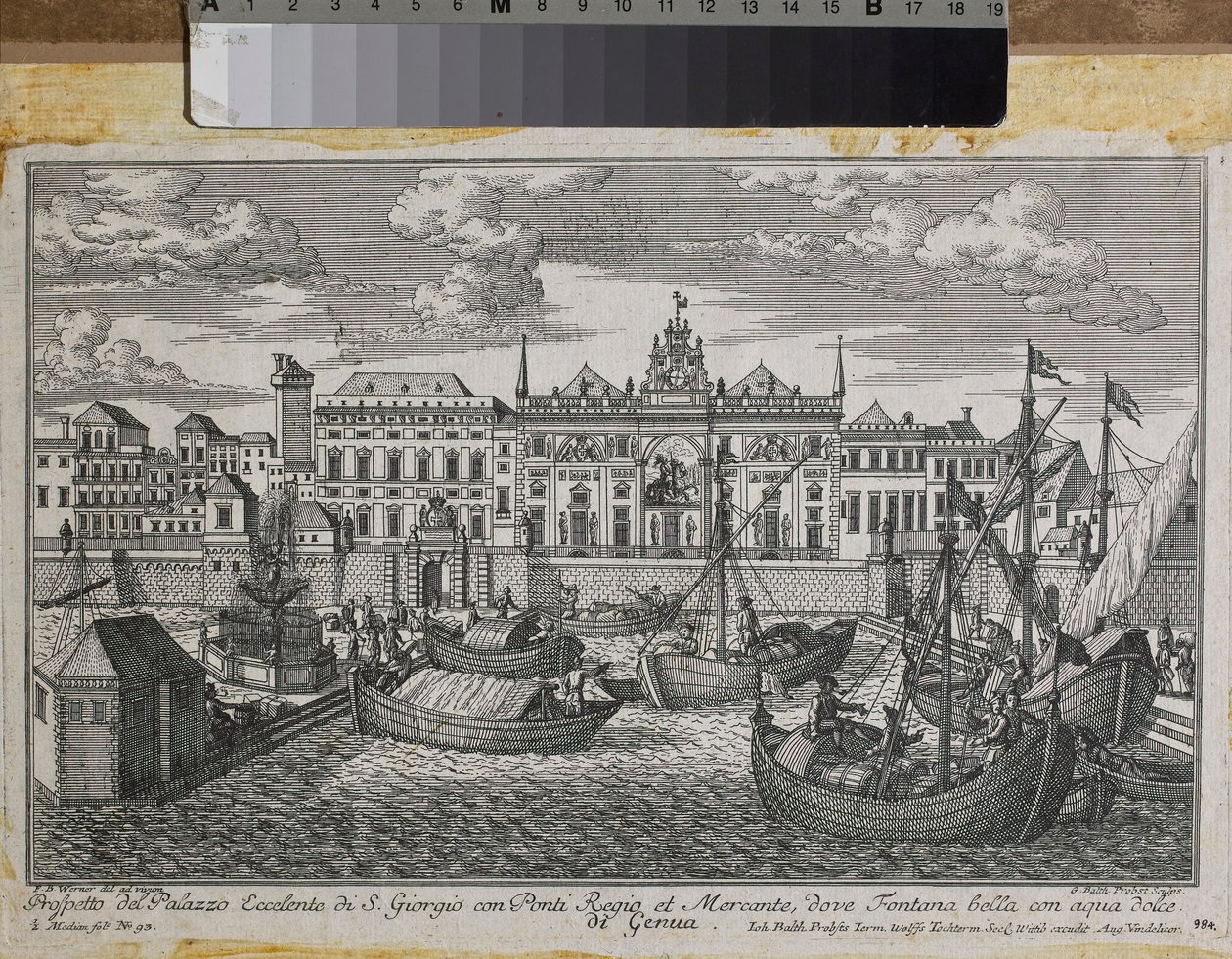 Plan von Genua mit der Darstellung der Königlichen Brücke, der Neuen Brücke von Mercanzia und dem Palast von St. Georg vom Meer aus gesehen (Stich) von Friedrich Bernhard Werner