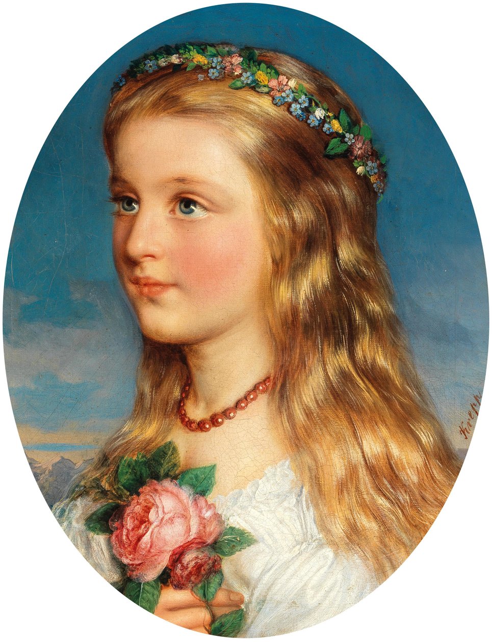 Friedrich Krepp Mädchenbildnis mit Blumenkranz und Rosen von Friedrich Krepp
