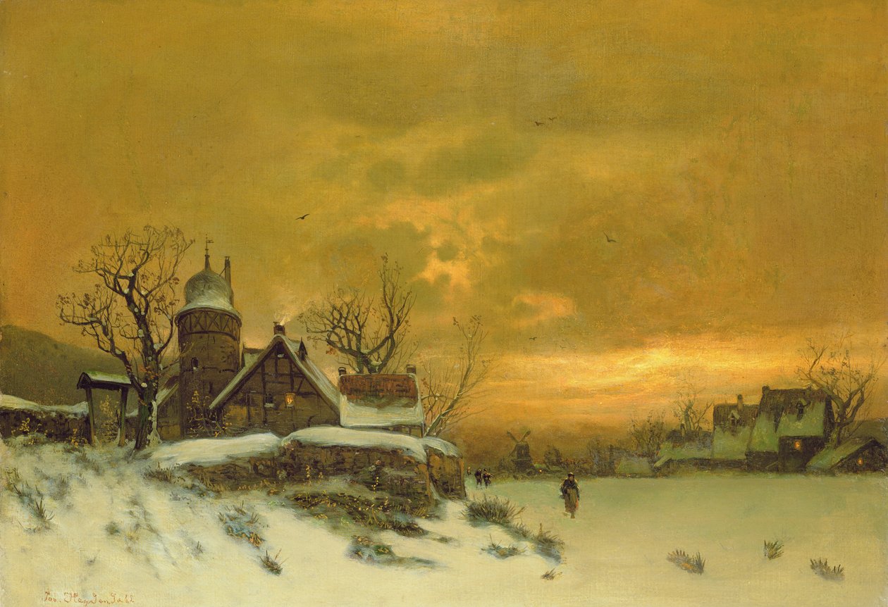 Winterlandschaft mit Blick auf Gebäude am Abend von Friedrich Nicolai Joseph Heydendahl