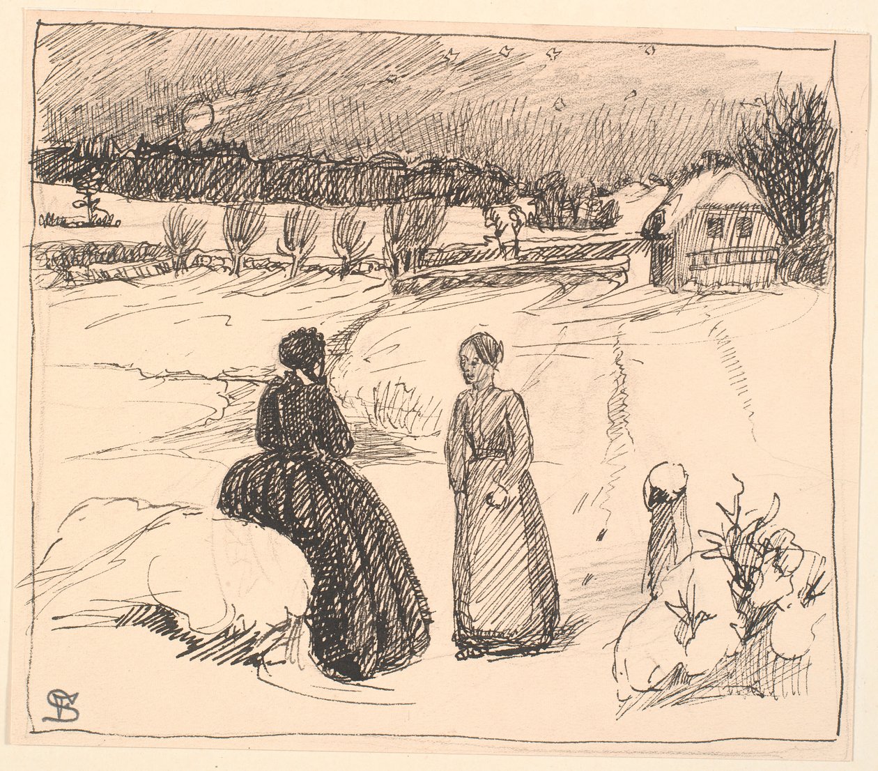 Draußen im Schnee saß eine Frau in langen schwarzen Kleidern... von Fritz Syberg