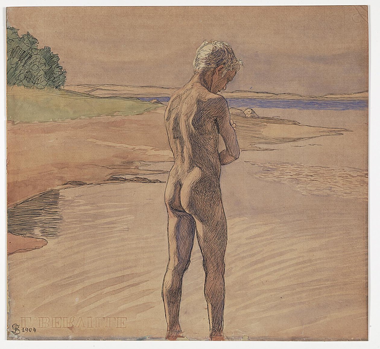 Hans stehend im Wasser. Motiv von Fyns Hoved von Fritz Syberg