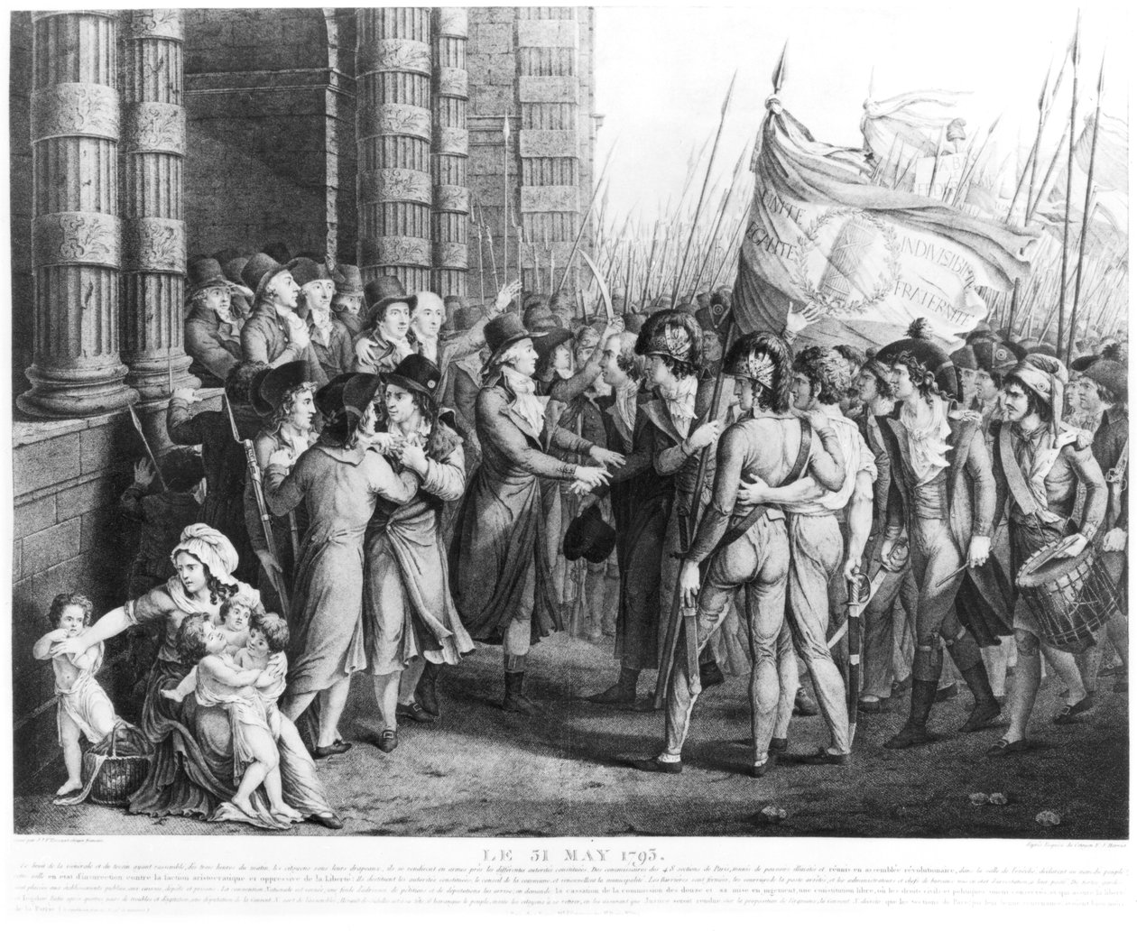 Abgeordnete des Nationalkonvents verlassen die Versammlung in den Tuilerien, 31. Mai 1793, graviert von Jean Joseph Tassaert von Fulchran Jean Harriet