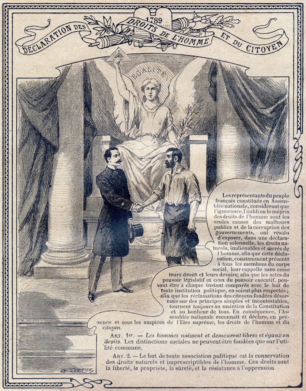 1789: Erklärung der Menschen- und Bürgerrechte: Gleichheit. Gravur in "Le livre unique de morale et d