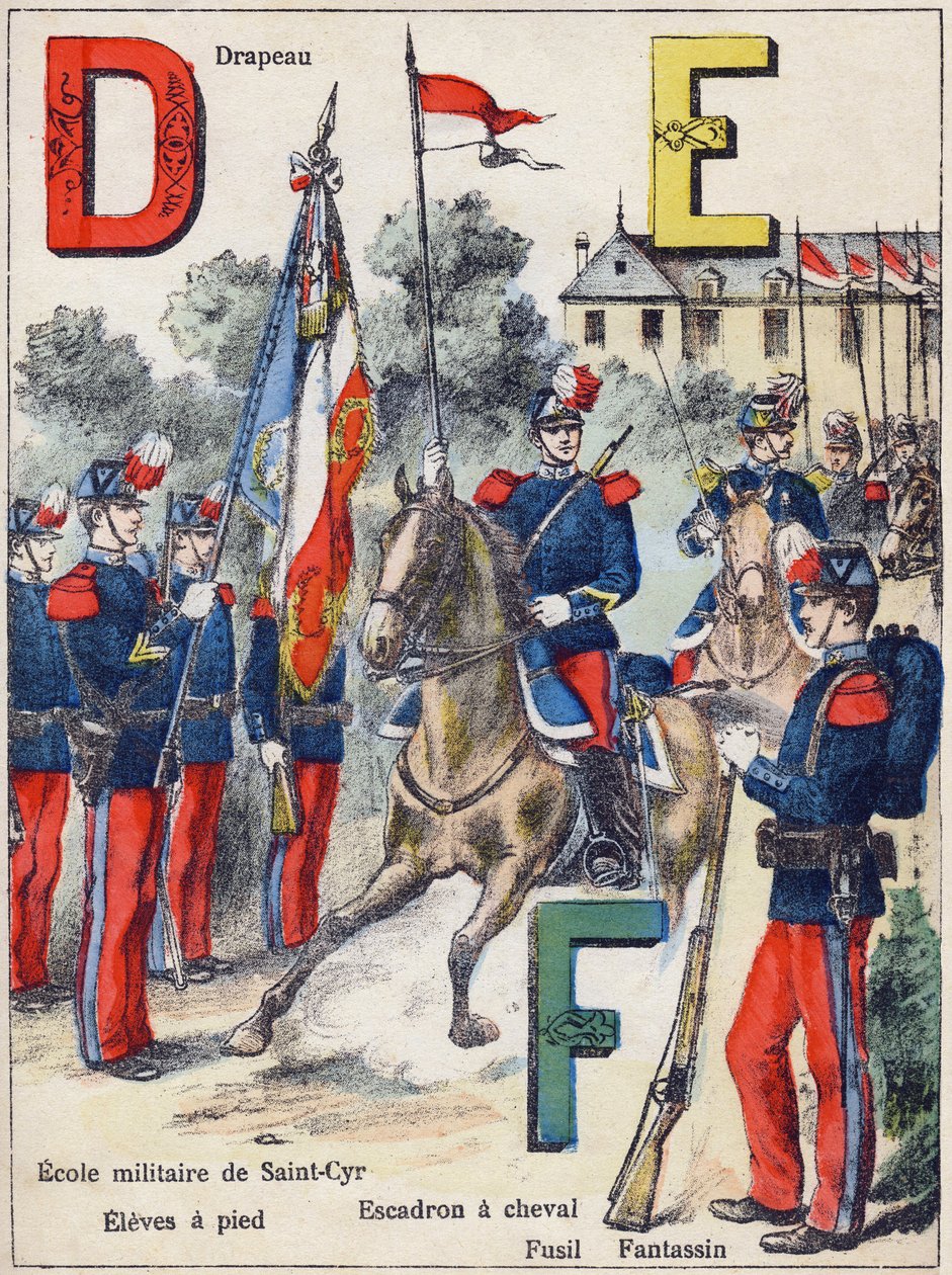 Buchstaben D E F: Flagge, Militärschule von Saint-Cyr (Saint Cyr), Schüler zu Fuß, Pferdeeskadron, Gewehr und Infanterist, ca. 1900 von G. Dascher