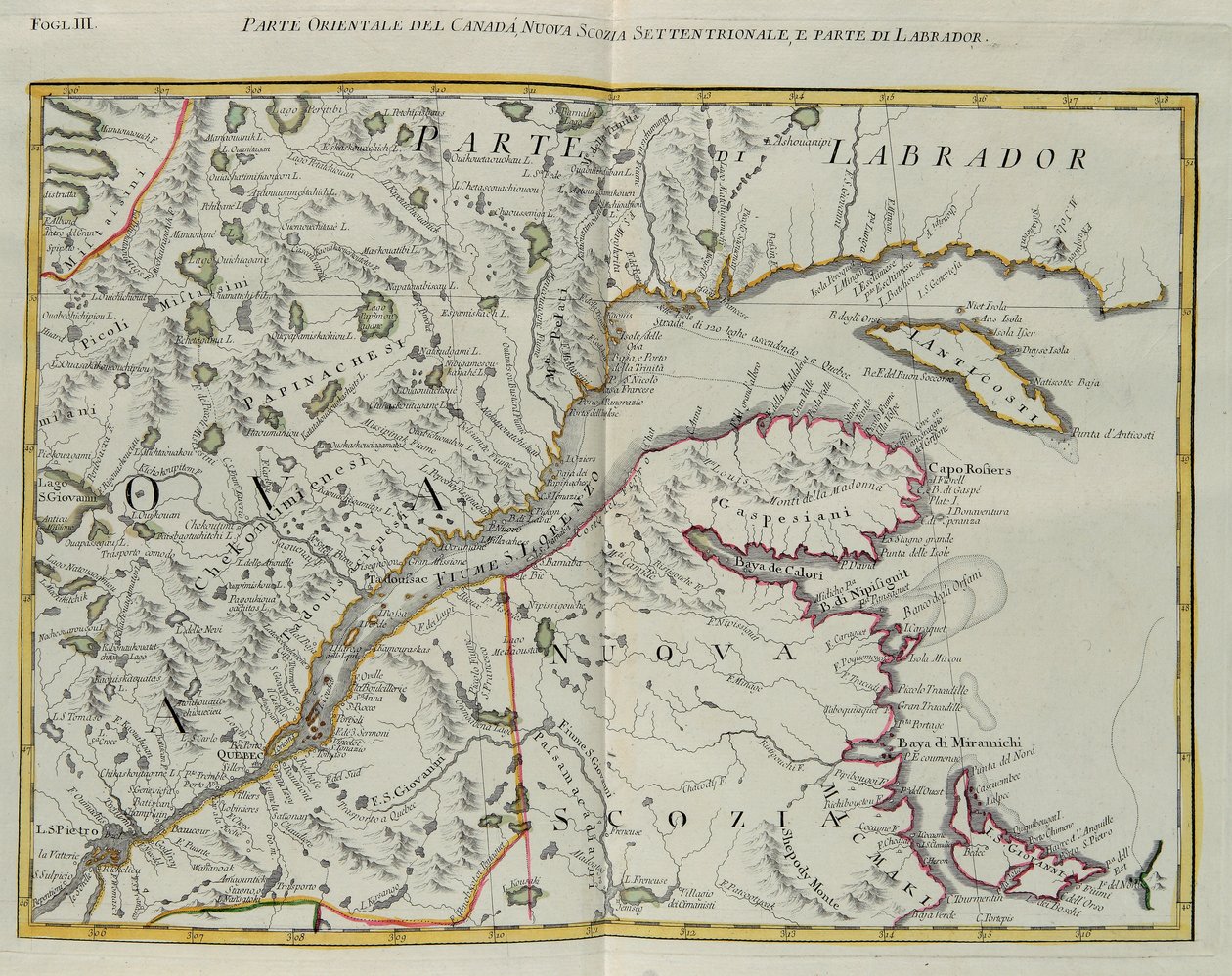 Östlicher Teil von Kanada, nördliches Nova Scotia und Teil von Labrador, Kupferstich von G. Zuliani aus Band I des "Neuesten Atlas" veröffentlicht in Venedig 1778 von Antonio Zatta, Privatsammlung von G. Zuliani