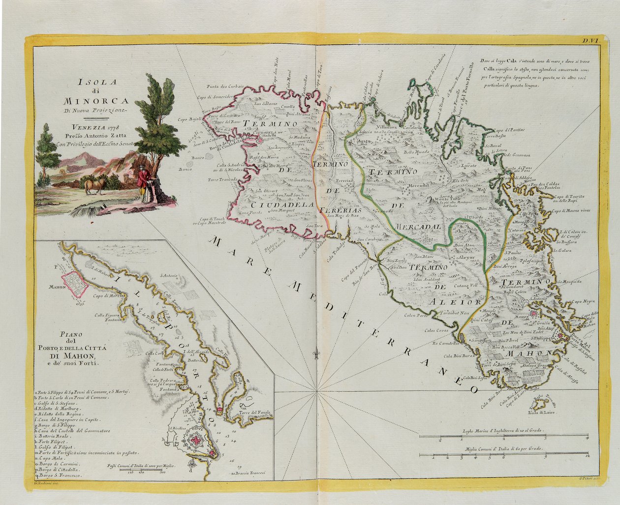 Insel Menorca und der Plan des Hafens und der Stadt Mahon und ihrer Festungen, Stich von G. Zuliani aus Band I des "Neuesten Atlas" veröffentlicht in Venedig 1778 von Antonio Zatta, Privatsammlung von G. Zuliani
