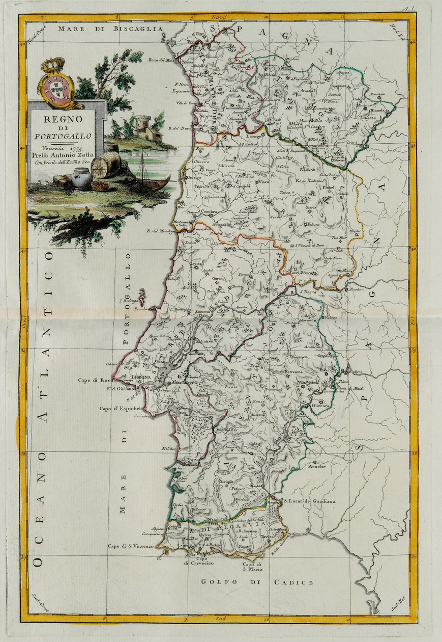 Königreich Portugal, Stich von G. Zuliani aus Band I des Neuesten Atlas, veröffentlicht in Venedig 1776 von Antonio Zatta, Privatsammlung von G. Zuliani