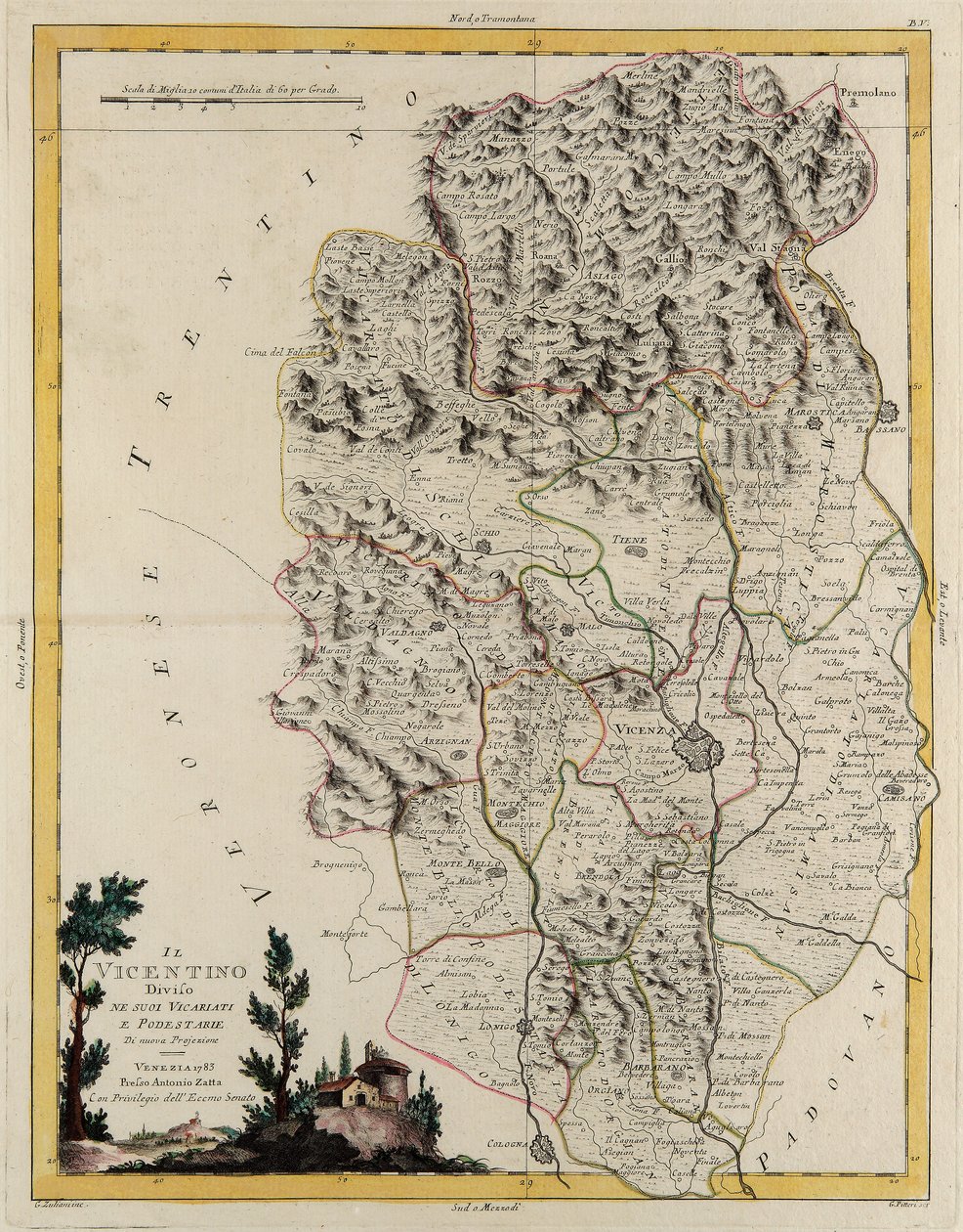 Landgebiet des Staates Veneto: Gebiet von Vicenza, aufgeteilt in seine Bistümer und Magistraturen, Gravur von G. Zuliani aus Band II des "Neuesten Atlas" veröffentlicht in Venedig 1782 von Antonio Zatta, Private Sammlung von G. Zuliani