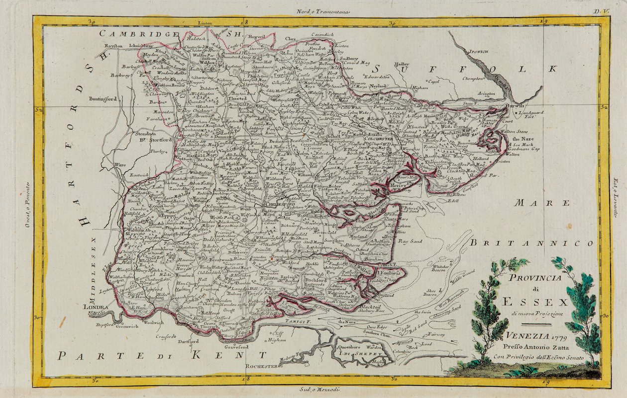 Provinz Essex, Stich von G. Zuliani aus Band I des "Neuesten Atlas" veröffentlicht in Venedig 1779 von Antonio Zatta, Privatsammlung von G. Zuliani