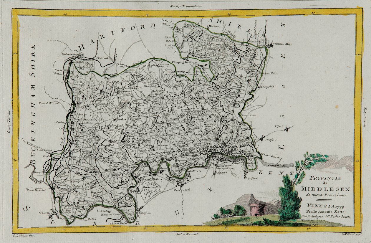 Provinz Middlesex, Stich von G. Zuliani aus Band I des "Neuesten Atlas" veröffentlicht in Venedig 1779 von Antonio Zatta, Privatsammlung von G. Zuliani
