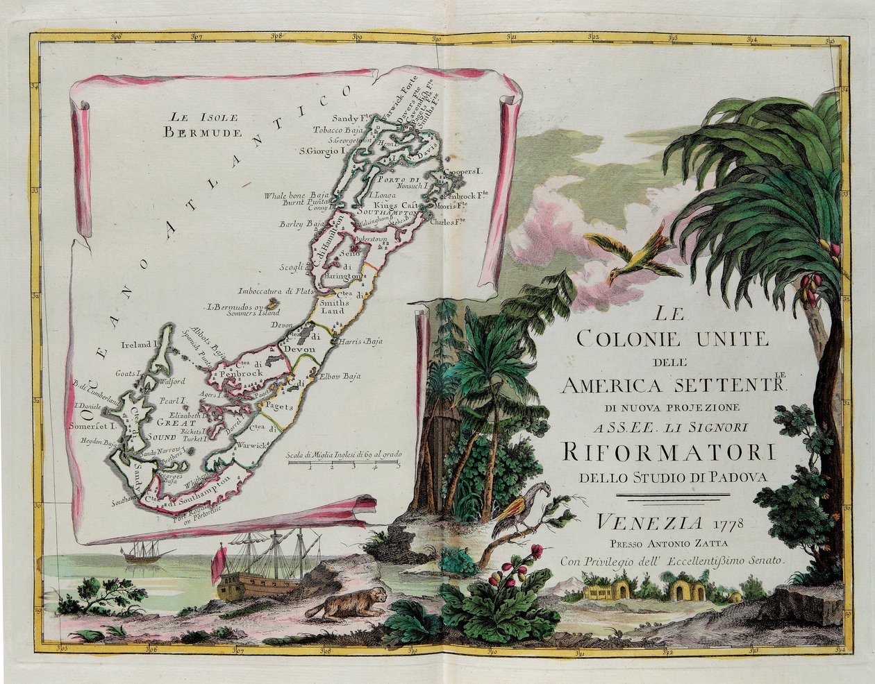 Die Inseln Bermuda und das Frontispiz des Abschnitts über die Vereinigten Kolonien Nordamerikas, Stich von G. Zuliani aus Band I des "Neuesten Atlas" veröffentlicht in Venedig 1778 von Antonio Zatta, Privatsammlung von G. Zuliani