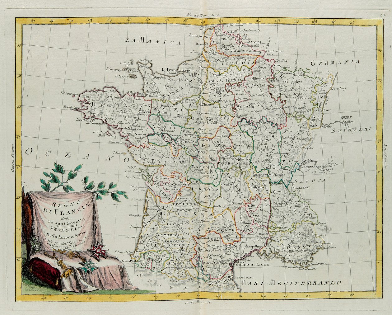 Das Königreich Frankreich aufgeteilt in seine Gouvernements, Stich von G. Zuliani aus Band I des Neuesten Atlas, veröffentlicht in Venedig 1776 von Antonio Zatta, Privatsammlung von G. Zuliani