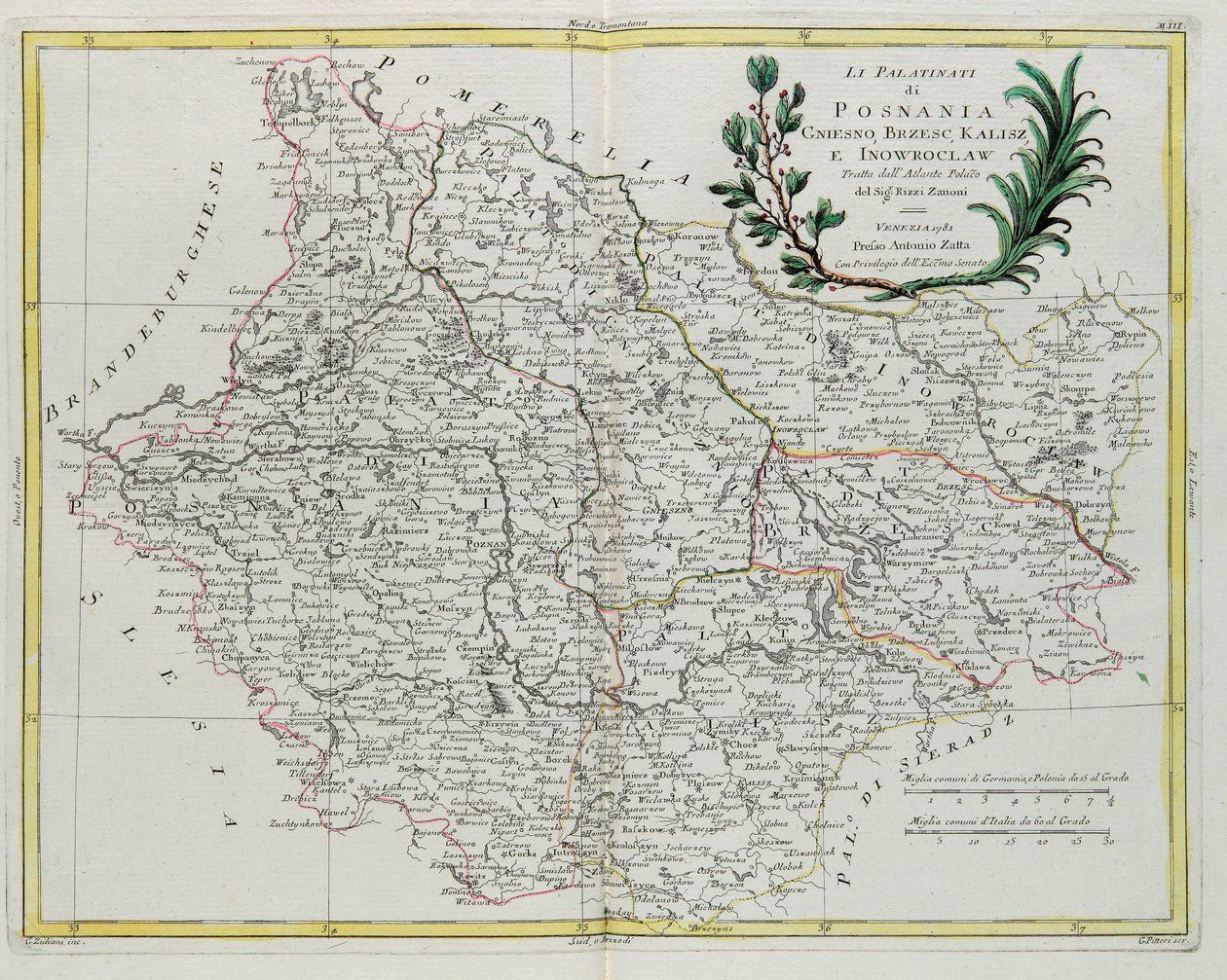 Die Palatinate von Posen, Gnesen, Brześć, Kalisch und Inowrocław, Stich von G. Zuliani aus Band III des "Neuesten Atlas" veröffentlicht in Venedig 1781 von Antonio Zatta, Privatsammlung von G. Zuliani