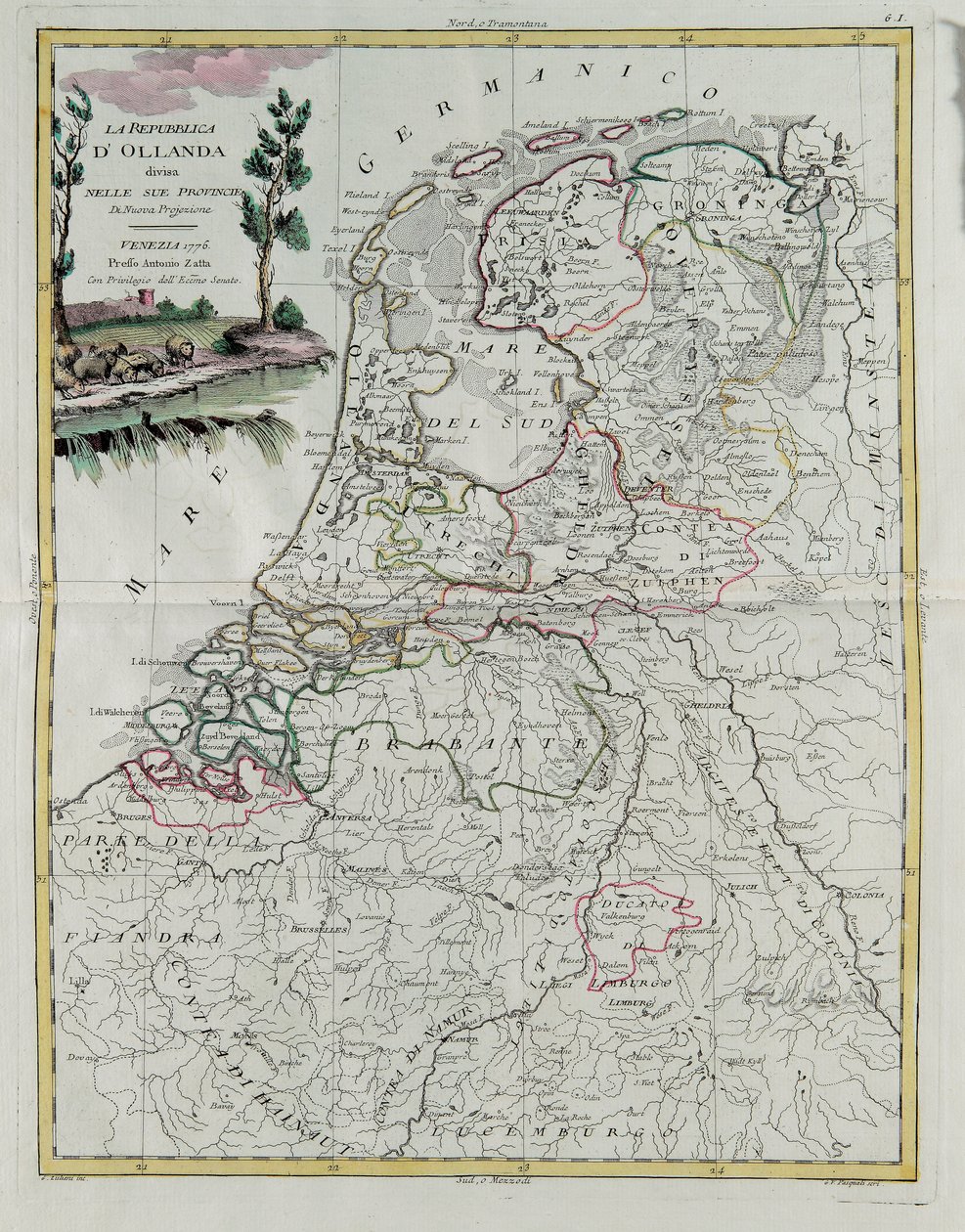 Die Republik Holland, aufgeteilt in ihre Provinzen, Stich von G. Zuliani aus Band I des Neuesten Atlas, veröffentlicht in Venedig 1776 von Antonio Zatta, Privatsammlung von G. Zuliani