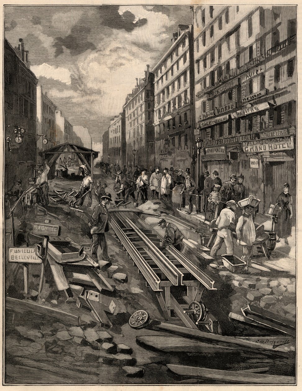 Die Belleville-Standseilbahn, verlegte die Strecke, rue de Belleville im Jahr 1894. Kupferstich nach einer Zeichnung von M.G. de Burgrraff. In 