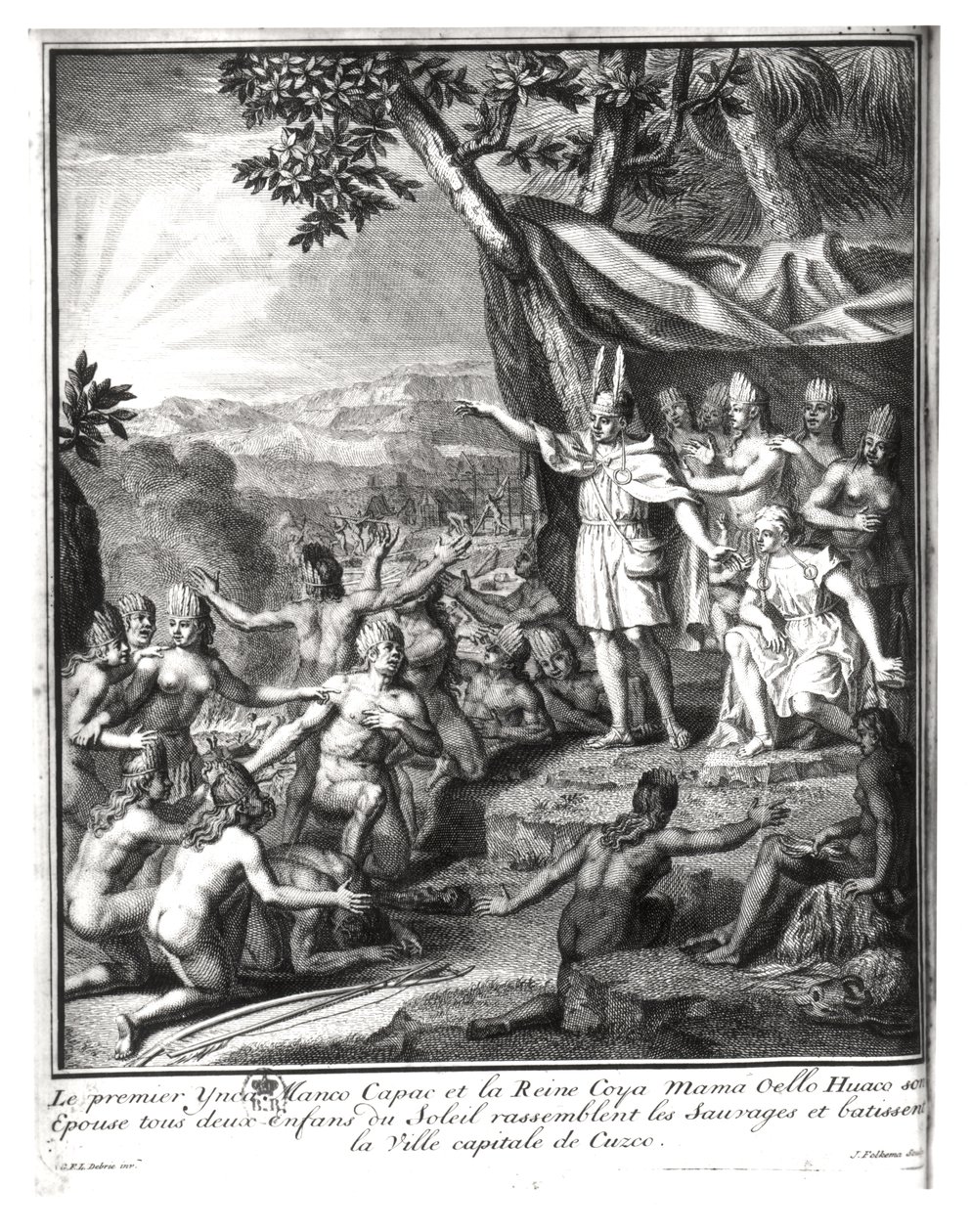 Manco Capac und seine Frau, Coya Mama Oello Huaco, versammeln die Wilden und bauen Cuzco von Gabriel Francois Louis Debrie