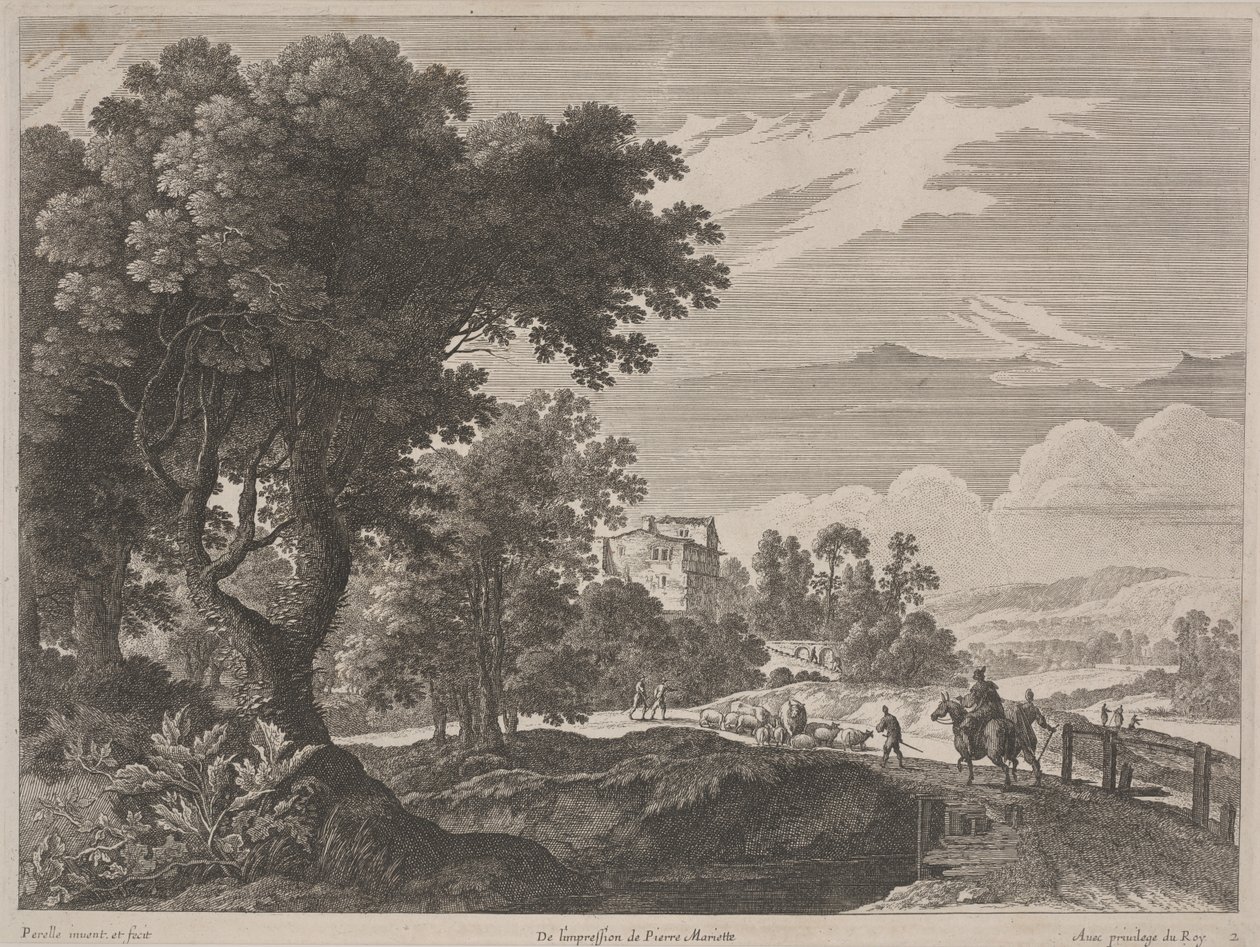 Landschaft mit Reisenden, die eine Brücke überqueren von Gabriel (after) Perelle