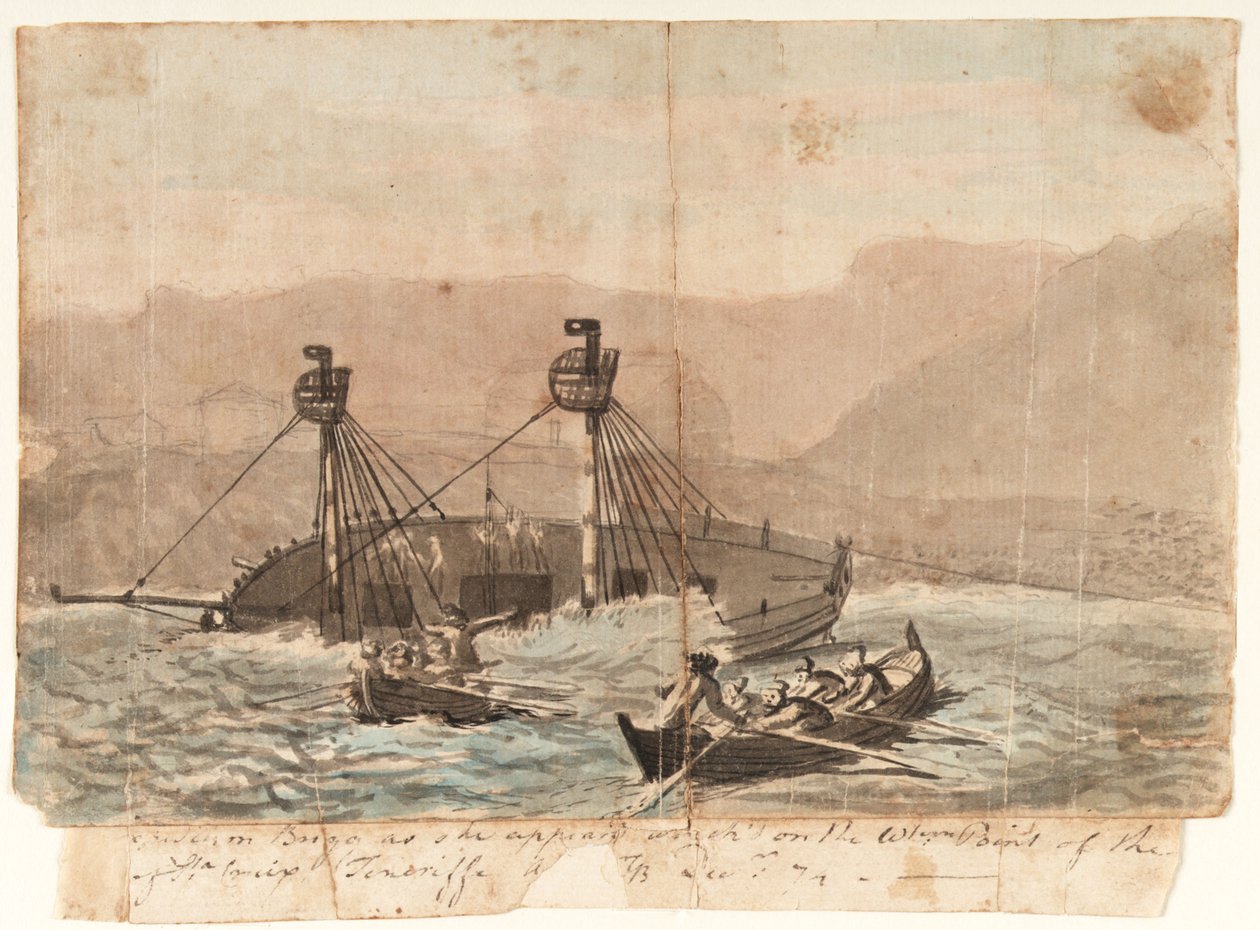 Die Expeditionsbrigg, wie sie auf der westlichen Spitze der Insel Sta Cruiz Teneriffa im Dezember 1774 gestrandet ist von Gabriel Bray
