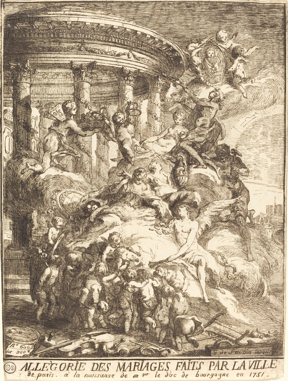 Allegorie der Ehen, die von der Stadt Paris zur Geburt des Herzogs von Burgund geschlossen wurden von Gabriel Jacques de Saint Aubin