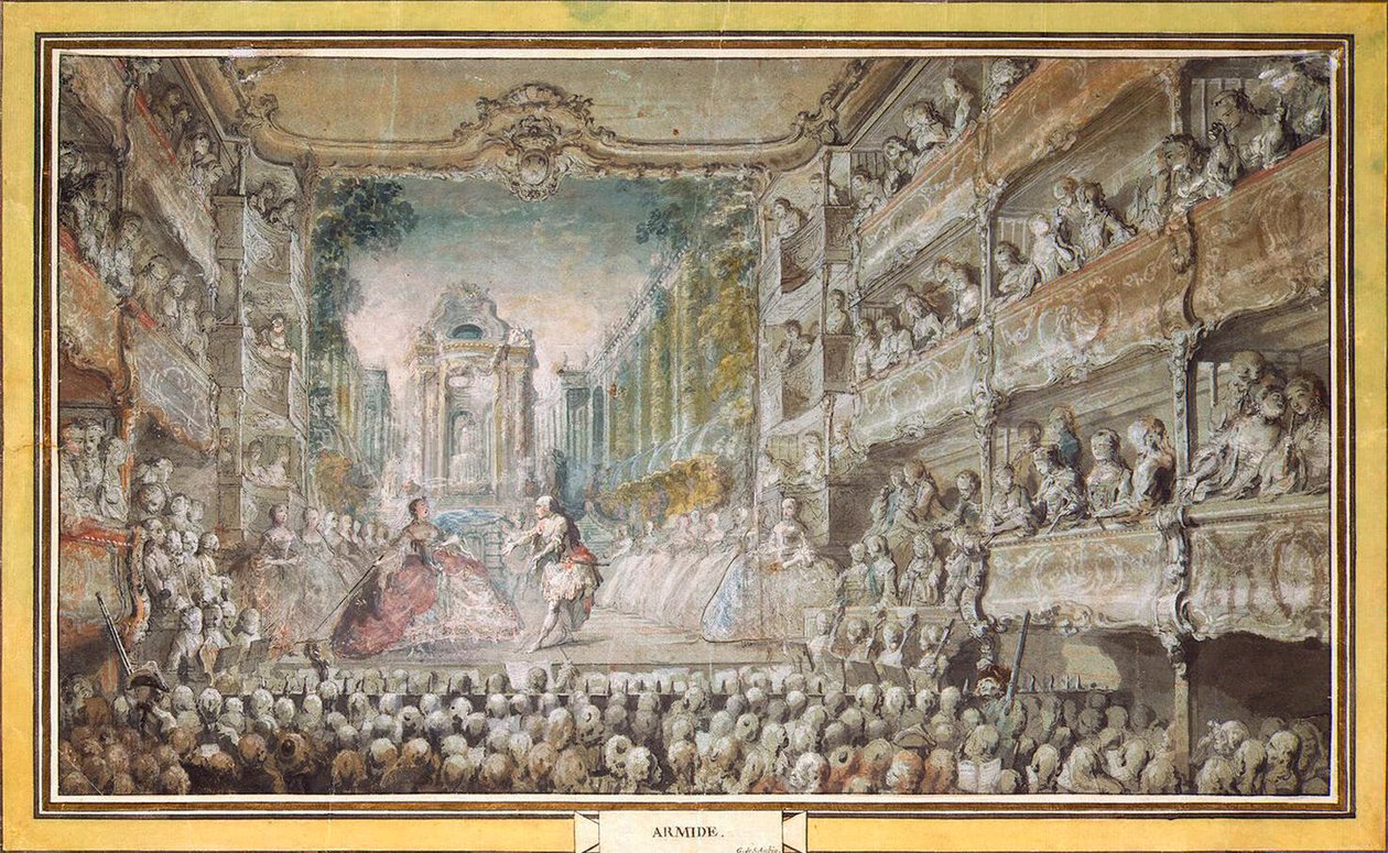 Die Aufführung von Armida im alten Auditorium des Opernhauses, nach 1761 von Gabriel Jacques de Saint Aubin