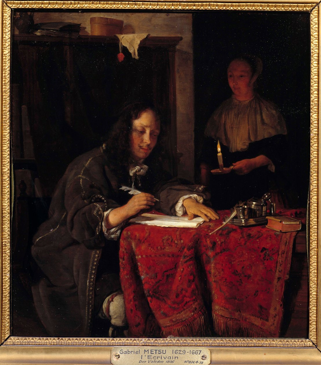 Der Schriftsteller. Dienerin hält eine Kerze, damit der Schreiber Licht zum Schreiben hat von Gabriel Metsu
