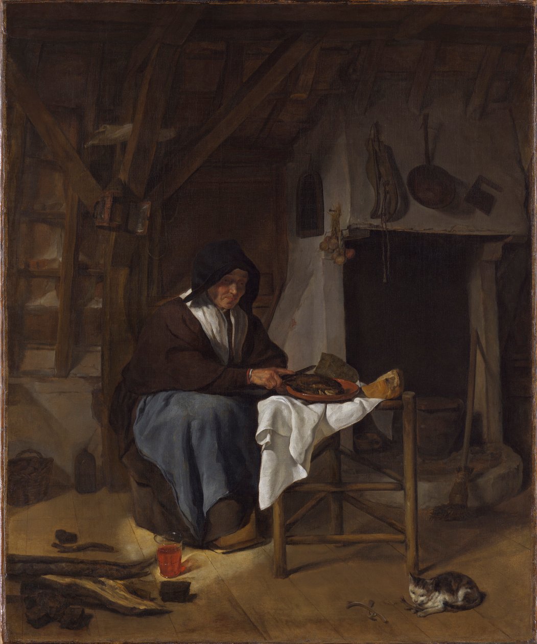 Alte Frau bei ihrer Mahlzeit in einem Innenraum von Gabriel Metsu
