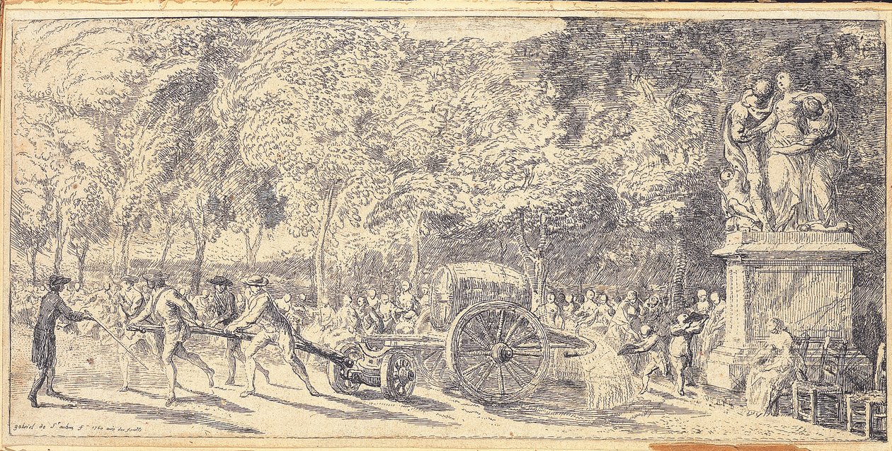 Figuren ziehen ein Fass auf einem Wagen in den Tuileriengärten, 1760 von Gabriel de Saint Aubin