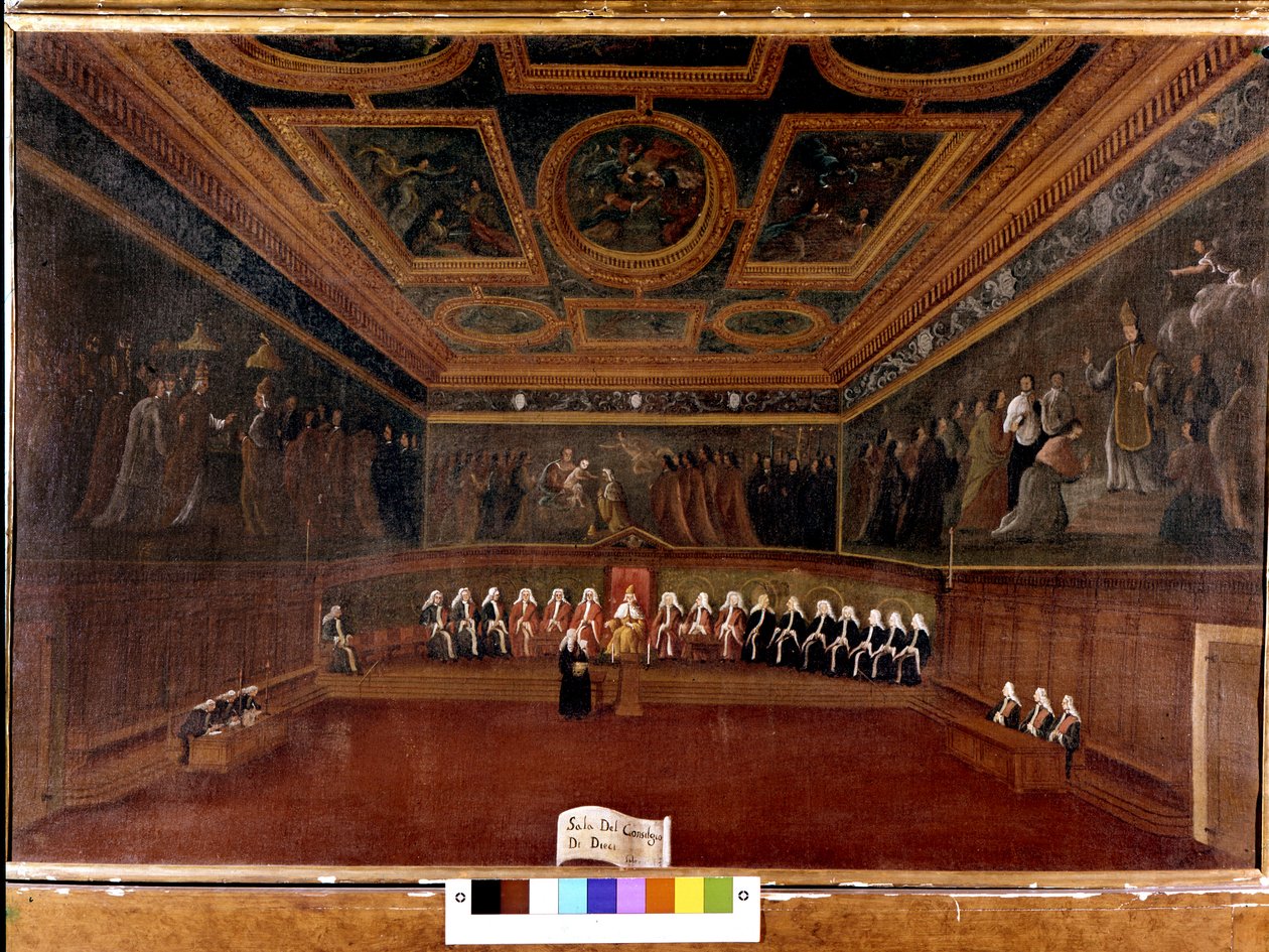 Rat der Zehn im Dogenpalast im 18. Jahrhundert - Sala Del Consiglio di Dieci 1725 - Der Raum des Rates der Zehn, Dogenpalast, Venedig von Gabriele Bella