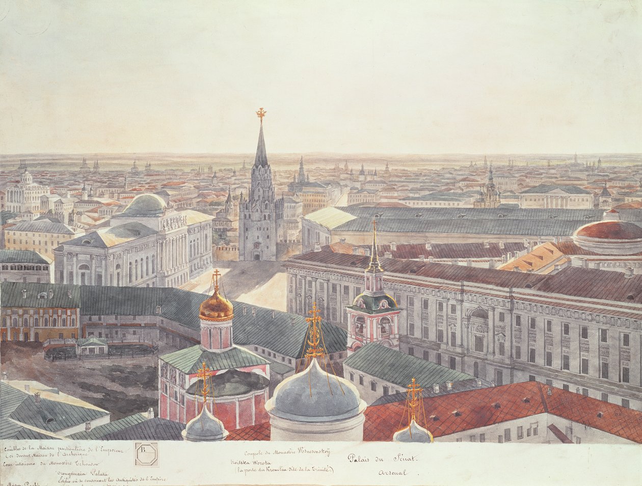 Panorama von Moskau, Darstellung des ehemaligen Senatspalastes (jetzt das Kabinettsbüro), Wosnesenskoy Kloster und des ehemaligen Arsenals, 1819 von Gadolle