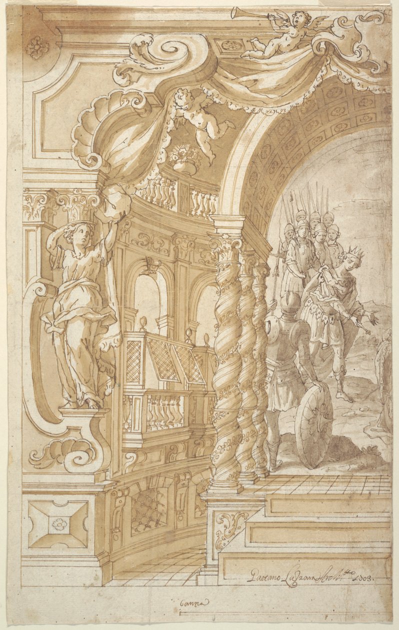 Entwurf für eine illusionistische Wanddekoration, mit einem König begleitet von Soldaten von Gaetano Lazzara