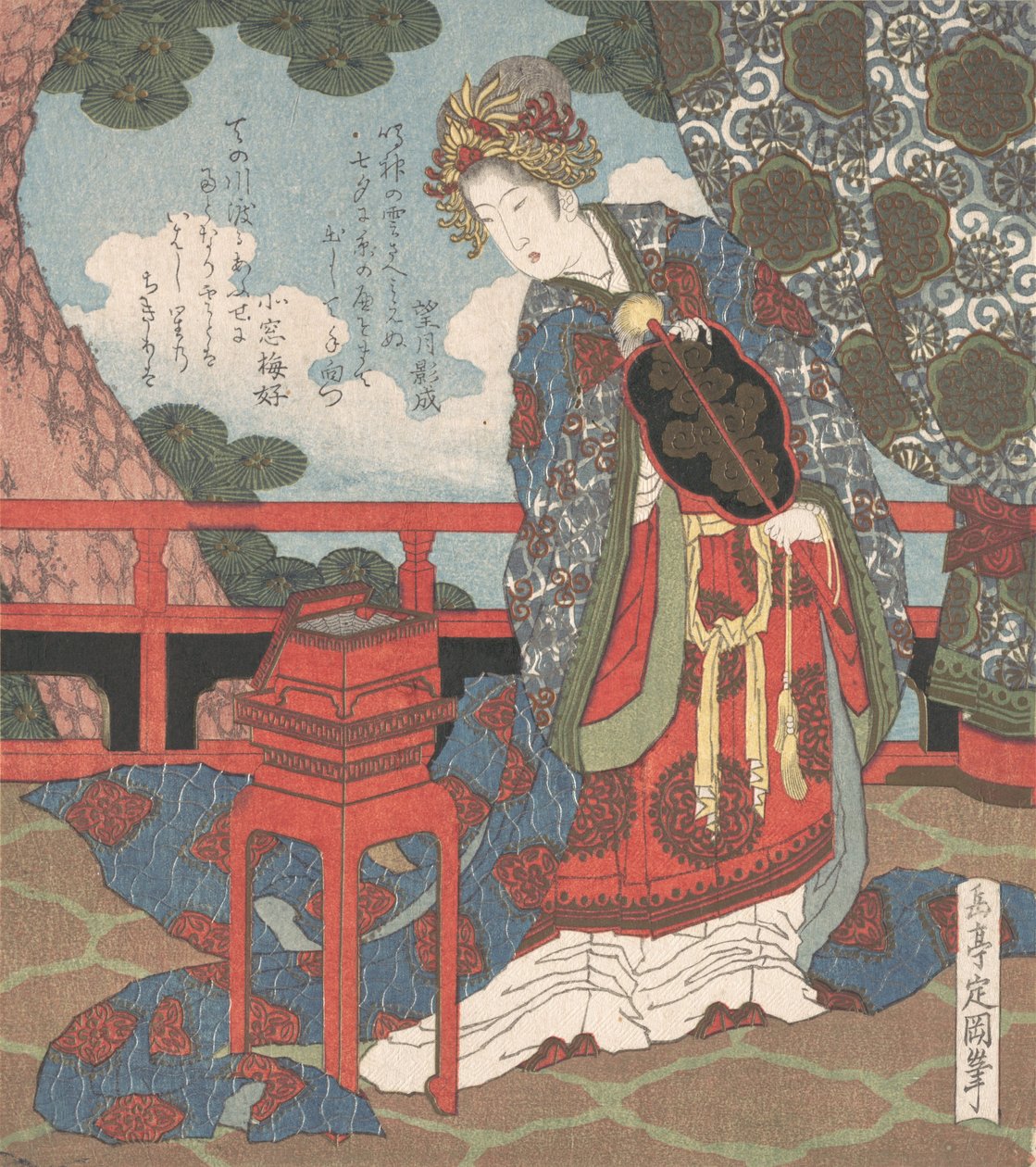 Dame mit Fächer auf Veranda stehend von Gakutei
