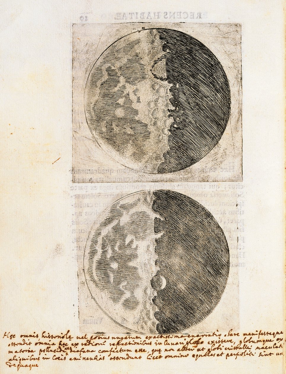 Sidereus Nuncius (Sternenbote) mit Zeichnungen der Phasen und der Oberfläche des Mondes von Galileo Galilei