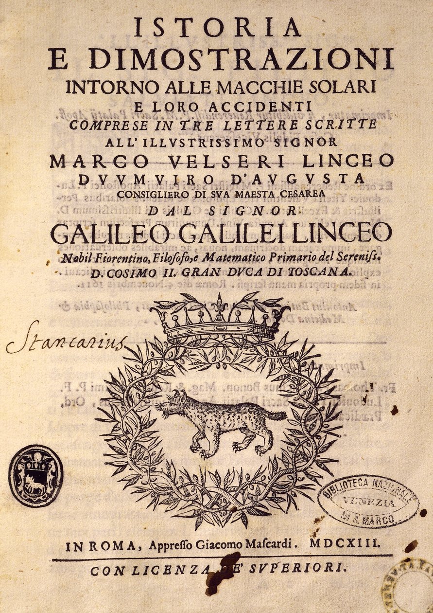 Titelseite der Geschichte und Demonstrationen über Sonnenflecken und ihre Eigenschaften von Galileo Galilei
