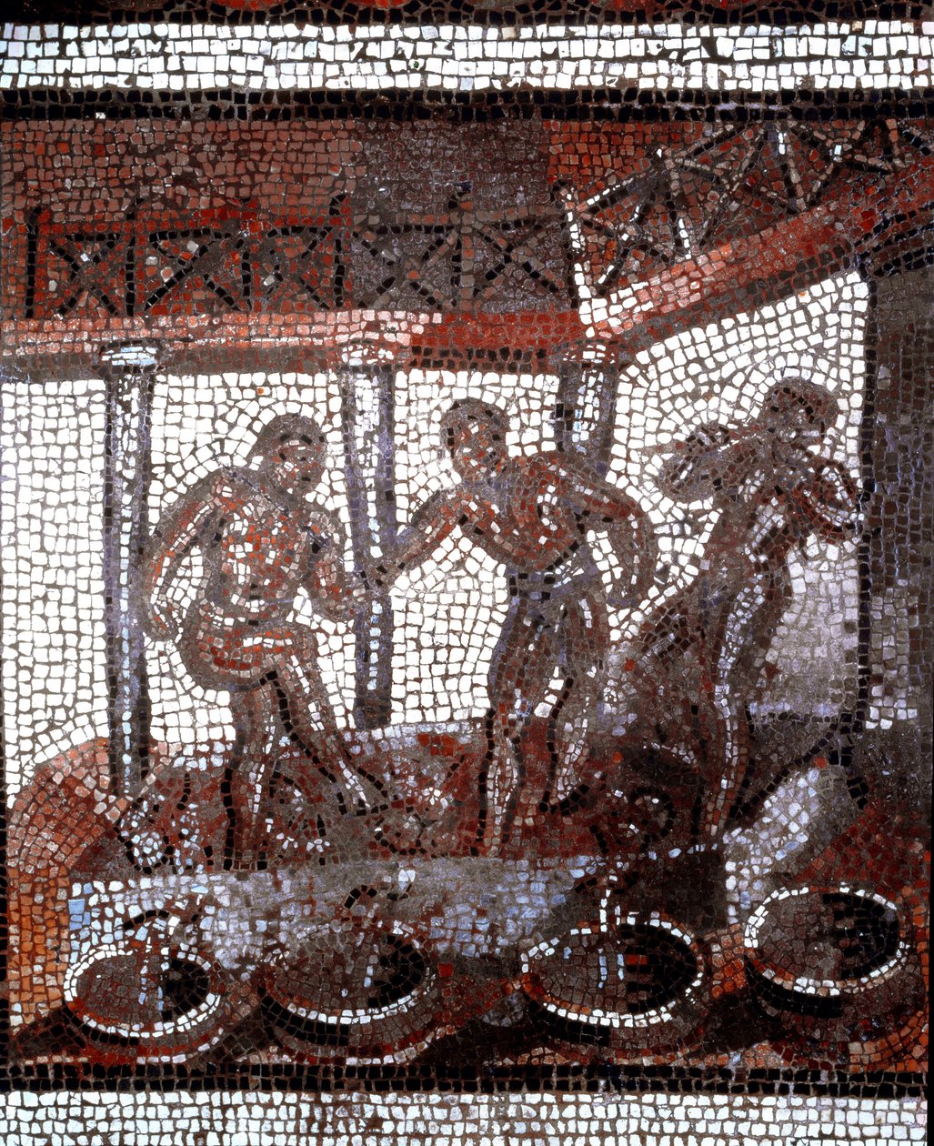 Szene des Traubenstampfens in einem Bottich. (Mosaik, Ende 2. Anfang 3. Jahrhundert) von Gallo Roman