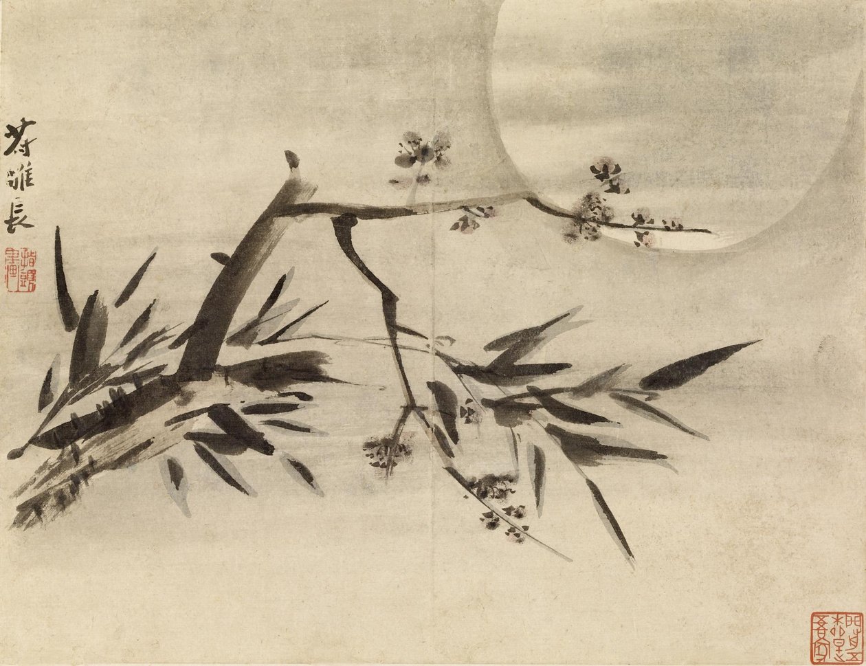 Bambus, Pflaumenblüten und Mond von Gao Qipei