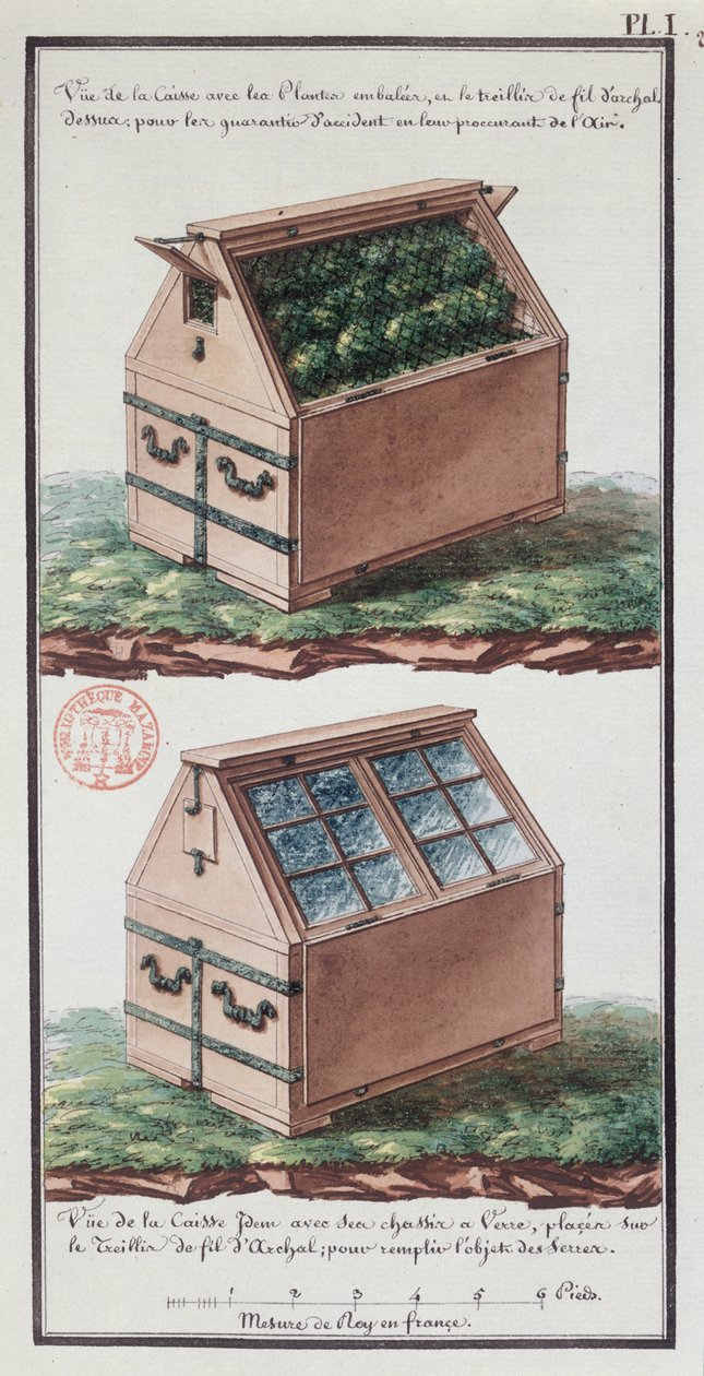 Illustration einer Kommode zum Transport von Pflanzen, aus dem Notizbuch des Künstlers während der Expedition von Jean-Francois Gallup de la Perouse (1741-88) von Gaspard Duche de Vancy