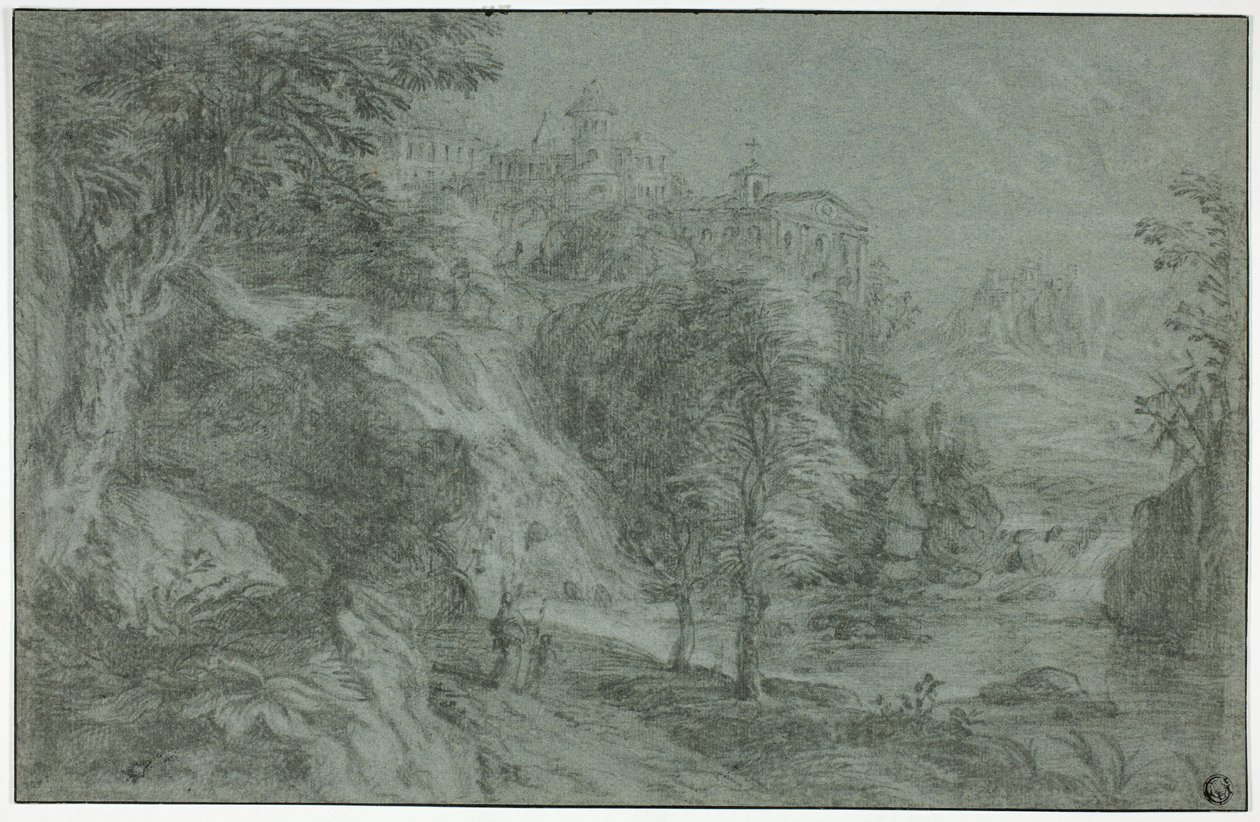 Italienische Landschaft mit Kirche auf Klippe von Gaspard Dughet