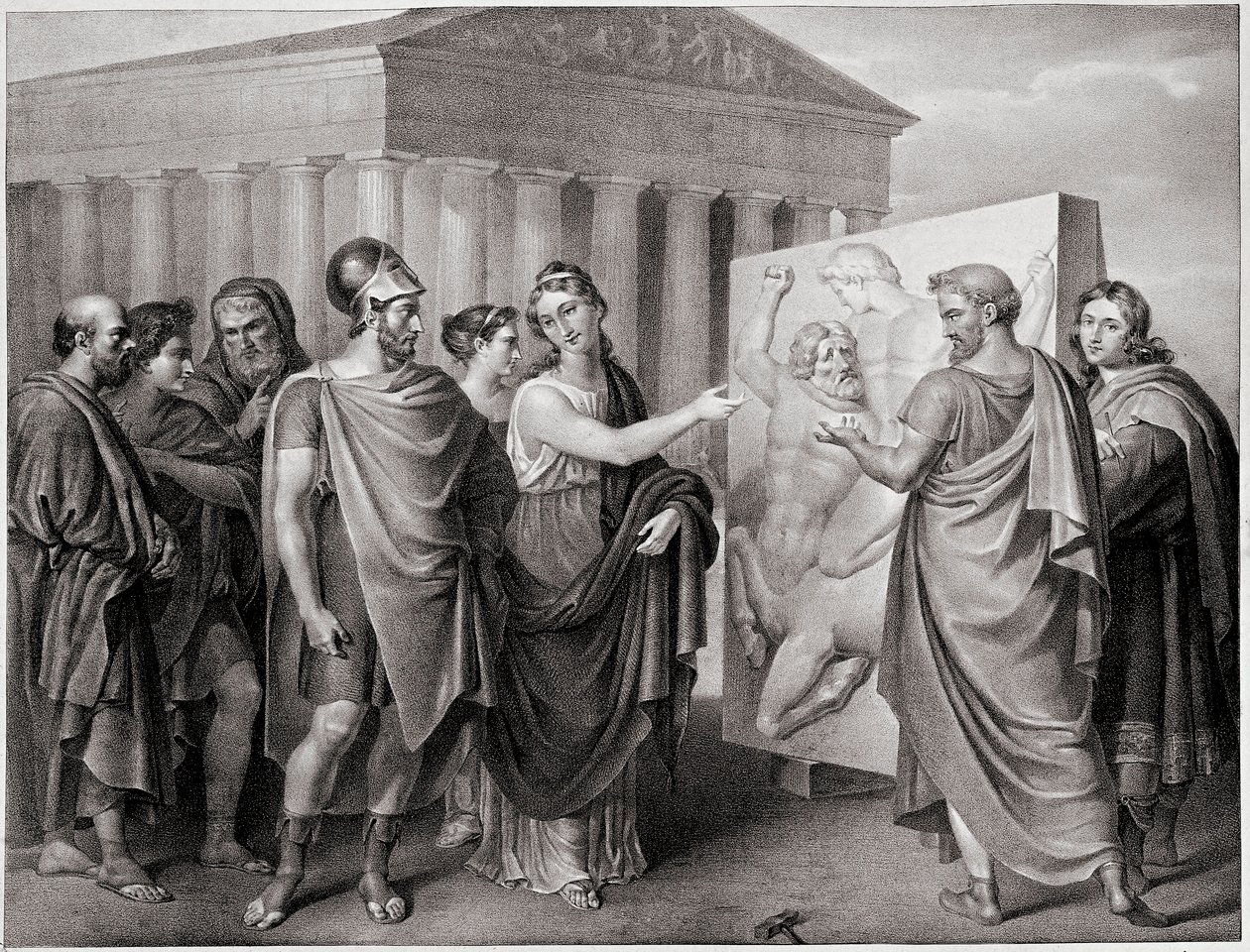 Der athenische Politiker Perikles (495-429 v. Chr.) und seine Gefährtin Aspasia leiten die Arbeiten von Phidias für das Parthenon in Athen (Stich nach einem Gemälde von Gaspare Landi) von Gaspare Landi
