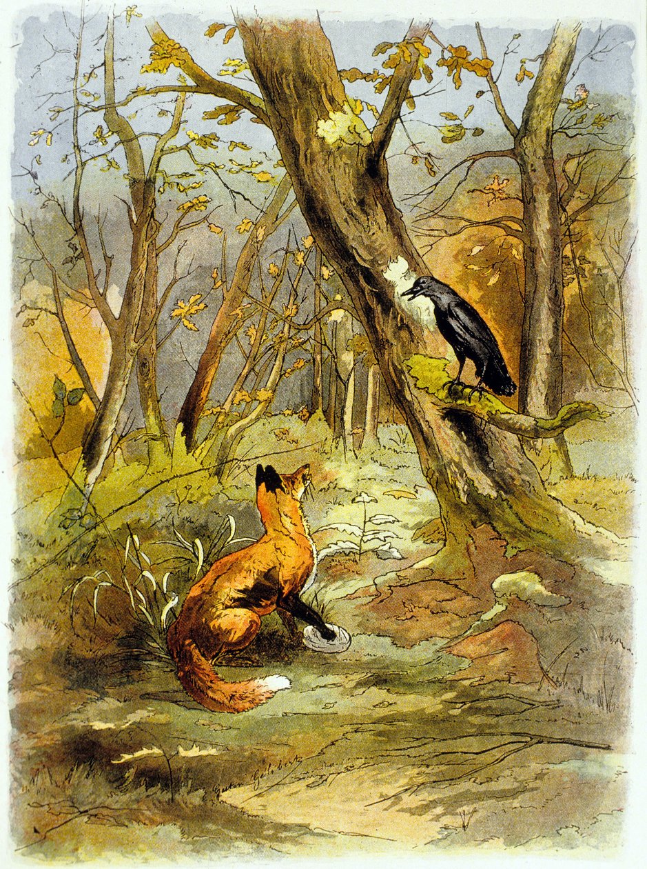 La Fontaines Fabel: Der Rabe und der Fuchs (Illustration, ca. 1900) von Gaston Gelibert