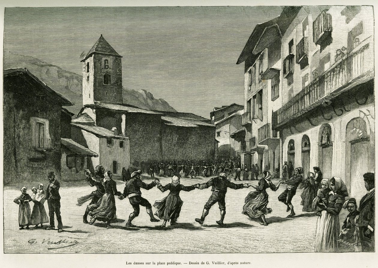 Tänze auf dem öffentlichen Platz. Gravur von G. Vuillier zur Illustration der Geschichte „Das Tal von Andorra“ von Gaston Vuillier, veröffentlicht in Le Tour du monde 1888 von Gaston Vuillier