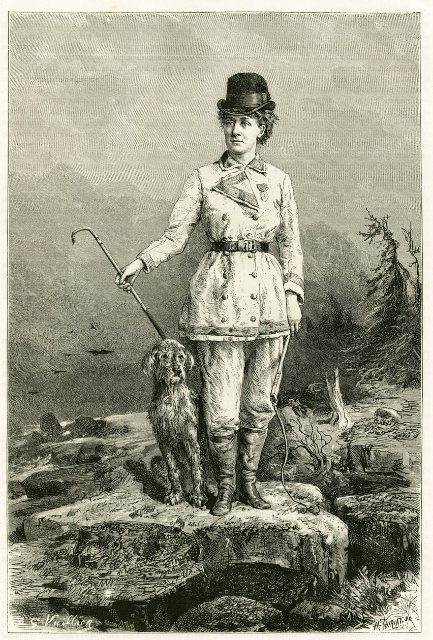 Porträt von Madame Marie De Ujfalvy-Bourdon, in Reisekleidung, mit ihrem Hund, verheiratet mit dem Ethnologen, Linguisten und Entdecker Charles Eugene Ujfalvy (1842-1904), sie begleitete ihn auf all seinen Expeditionen. Gravur von G. Vuillier, nach der Nat von Gaston Vuillier