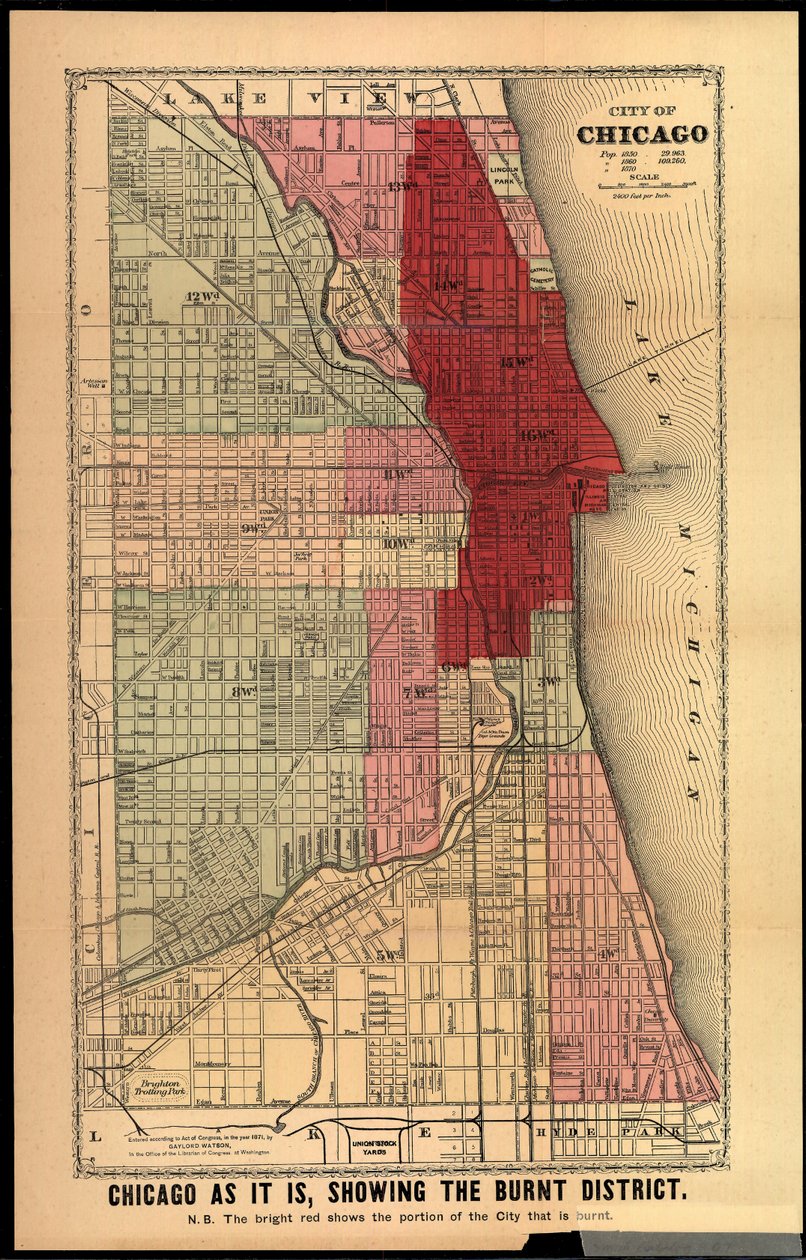Chicago wie es ist, zeigt den verbrannten Bezirk, aus der Geschichte der großen Brände in Chicago und dem Westen von Edgar Johnson Goodspeed, veröffentlicht in Chicago, 1871 von Gaylord Watson