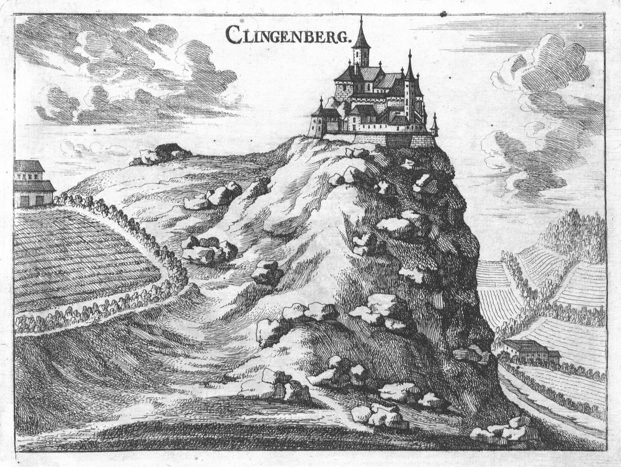 Kupferstich, Ansicht der Burg Klingenberg, Oberösterreich von Georg Matthaus Vischer