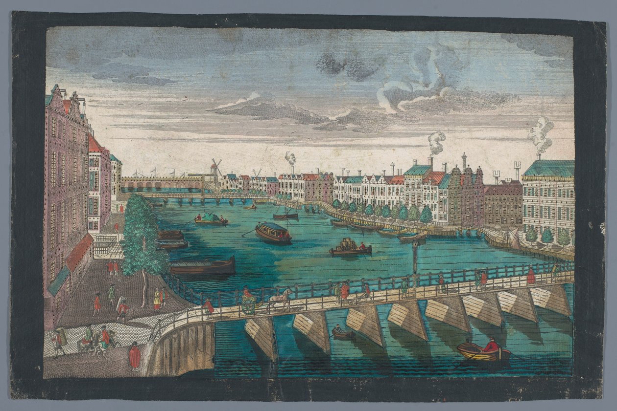 Ansicht der Binnen-Amstel zwischen der Blauwbrug und der Hogesluis in Amsterdam von Georg Balthasar Probst