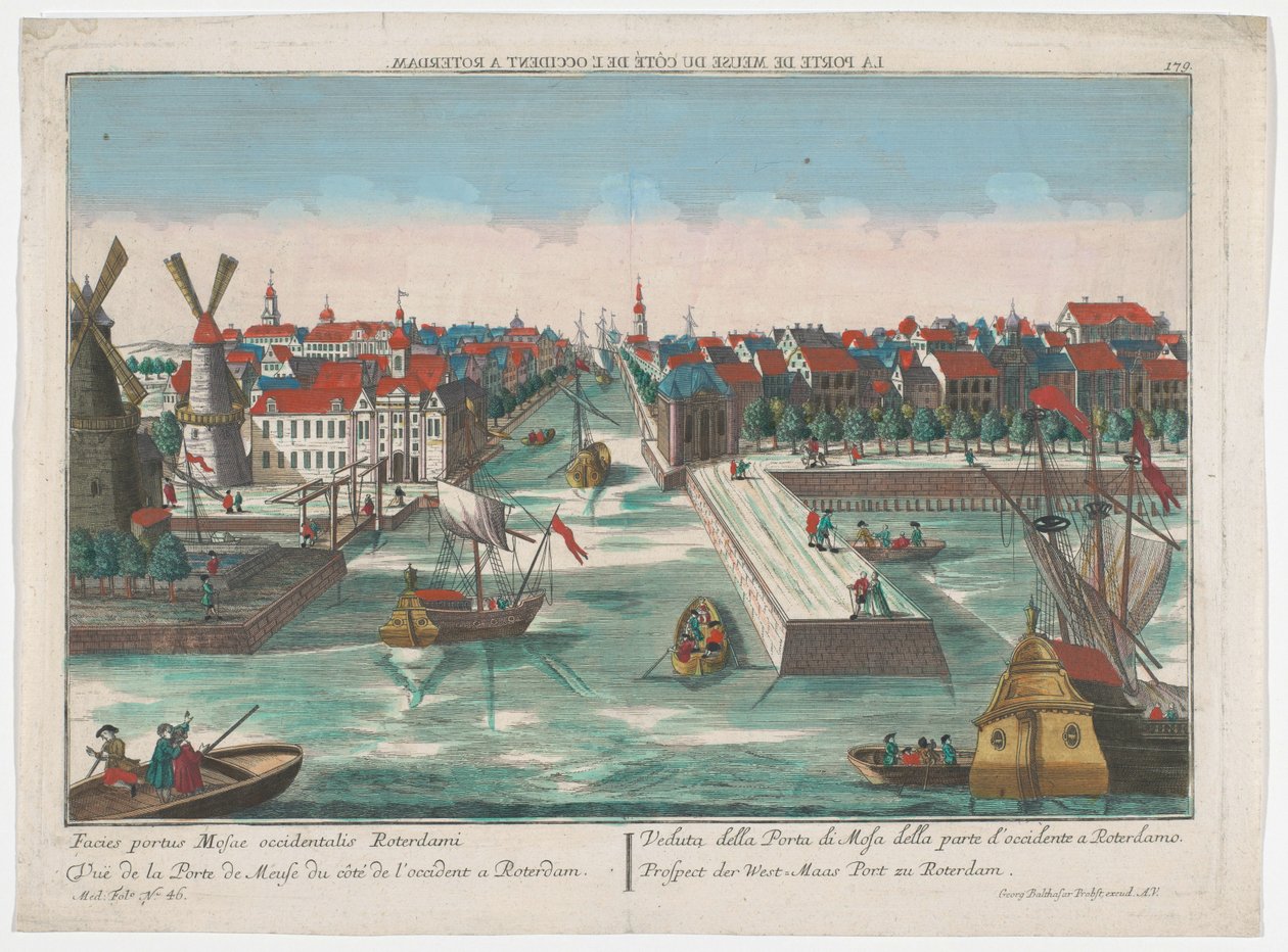 Ansicht der Wester Nieuwe Hoofdpoort und der Ooster Nieuwe Hoofdpoort in Rotterdam von Georg Balthasar Probst