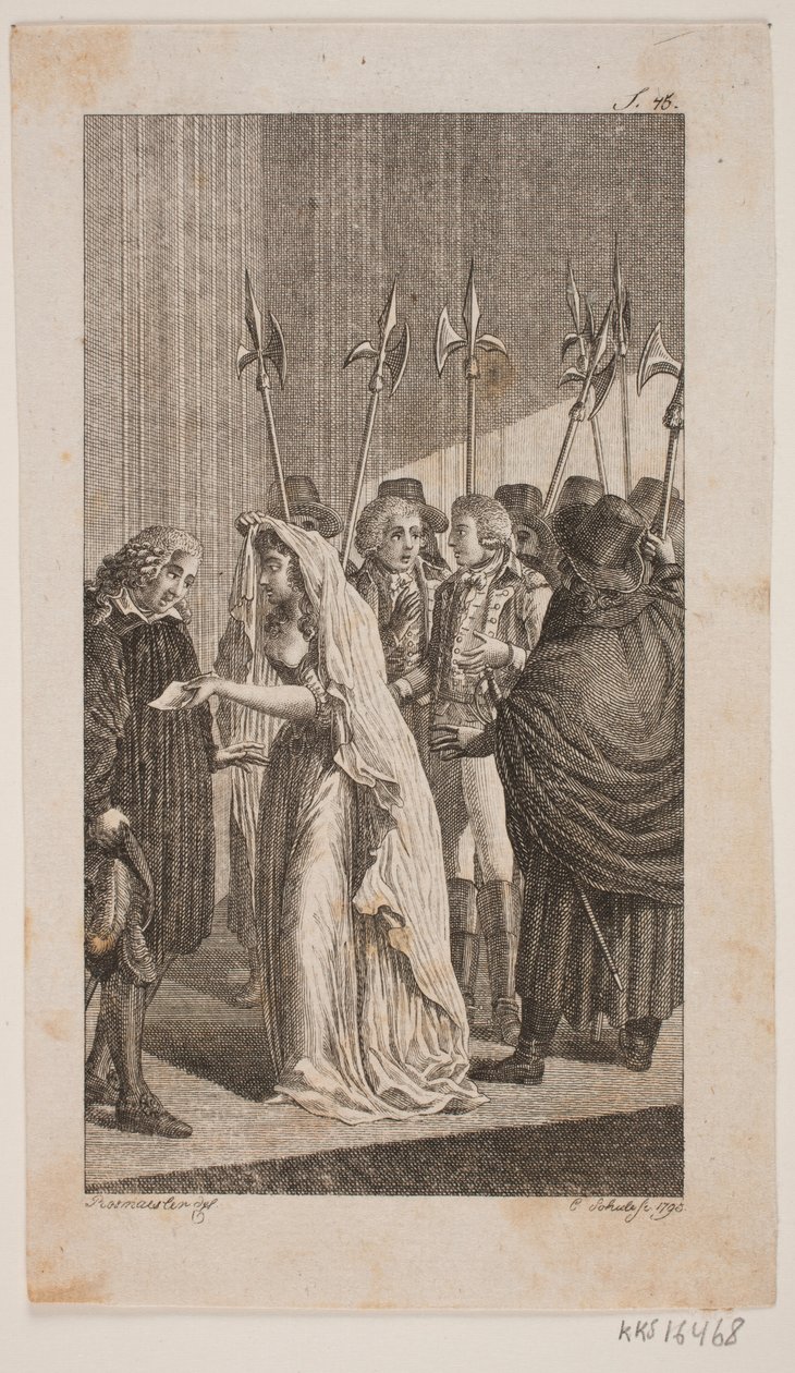 Illustration mit einer jungen Dame, die einem älteren Mann einen Brief übergibt. Im Hintergrund zwei Herren, umgeben von Stadtwachen von Georg Christian Schule