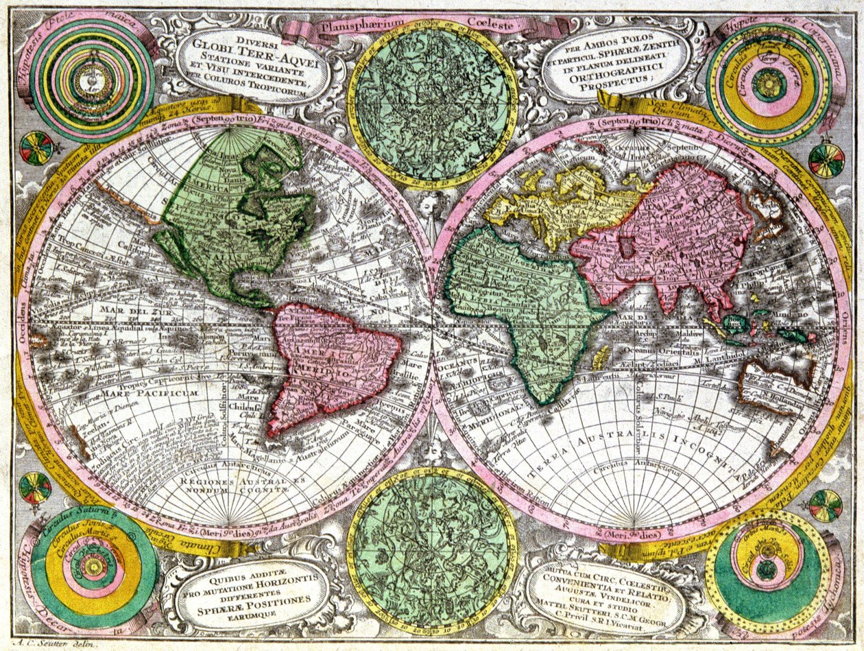 Weltkarte und Himmelsplanisphäre von Georg Matthäus Seutter