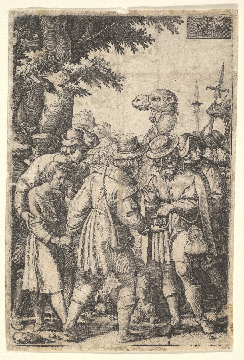 Joseph wird an die Händler verkauft: ein bärtiger Mann greift Joseph mit seiner linken Hand und erhält Co..., 1546 von Georg Pencz