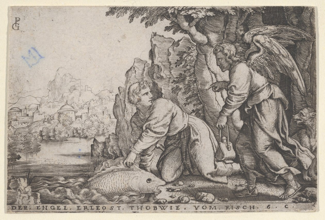 Tobiolus fängt den Fisch, aus der Geschichte von Tobias von Georg Pencz